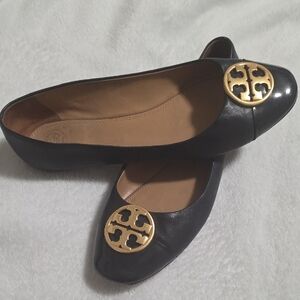 Tory Burch Black Flats with Gold Emblem